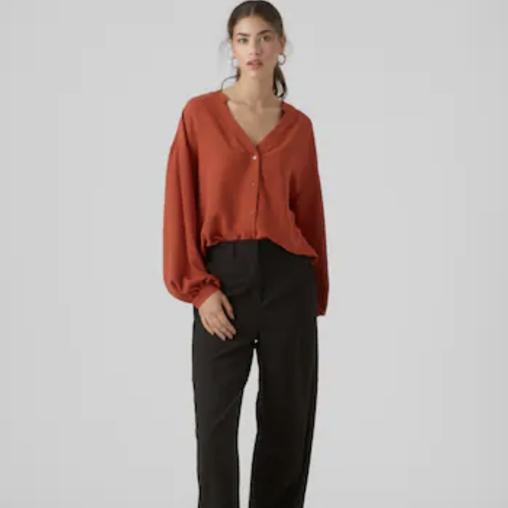 Rust Bubble 3/4 Sleeve V Neck comfy‎ Blouse Size Large Mine🟠
